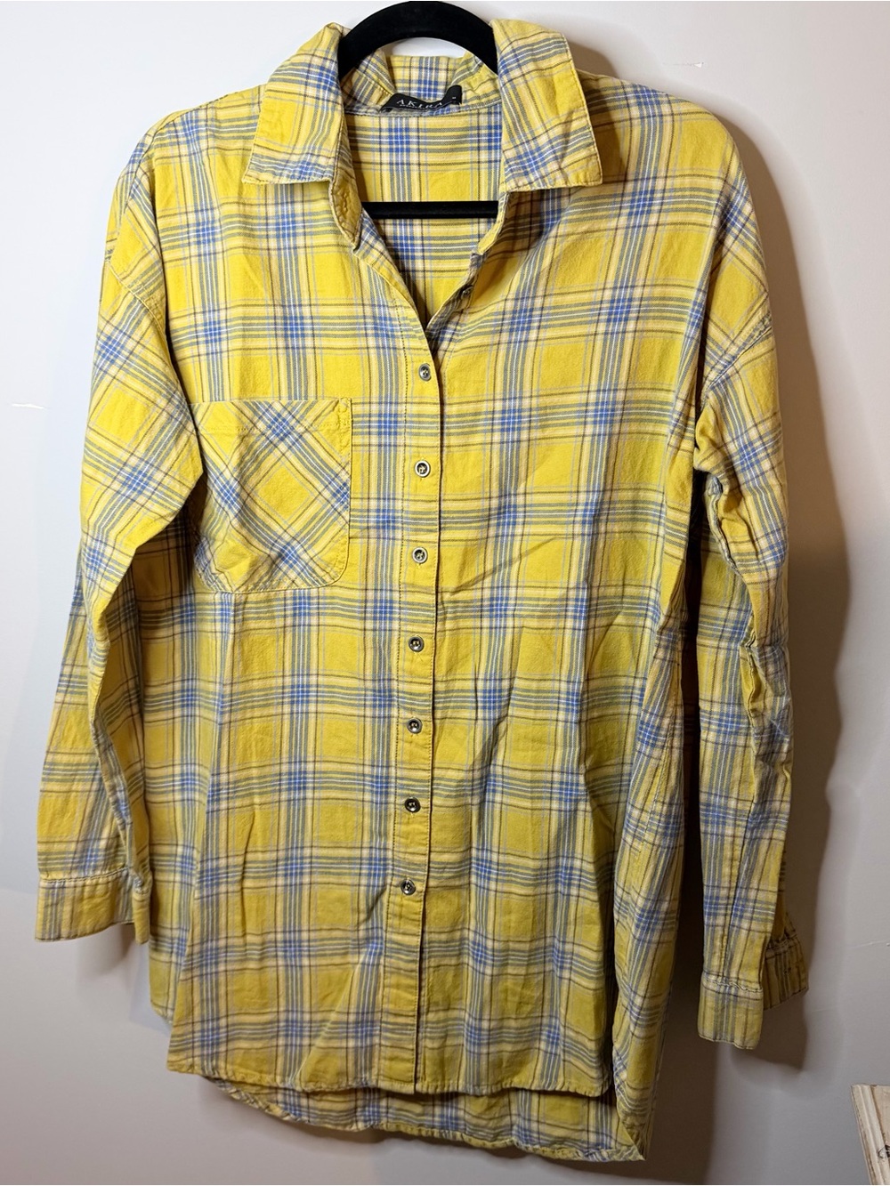 AKIRA Yellow and Blue Plaid Long-Sleeve Button-Down Shirt